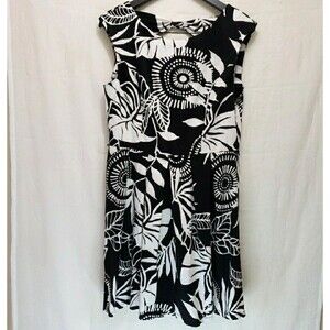 Perceptions NY Fit & Flare Dress 12 Black White Tropical Floral Sun Dress Bow